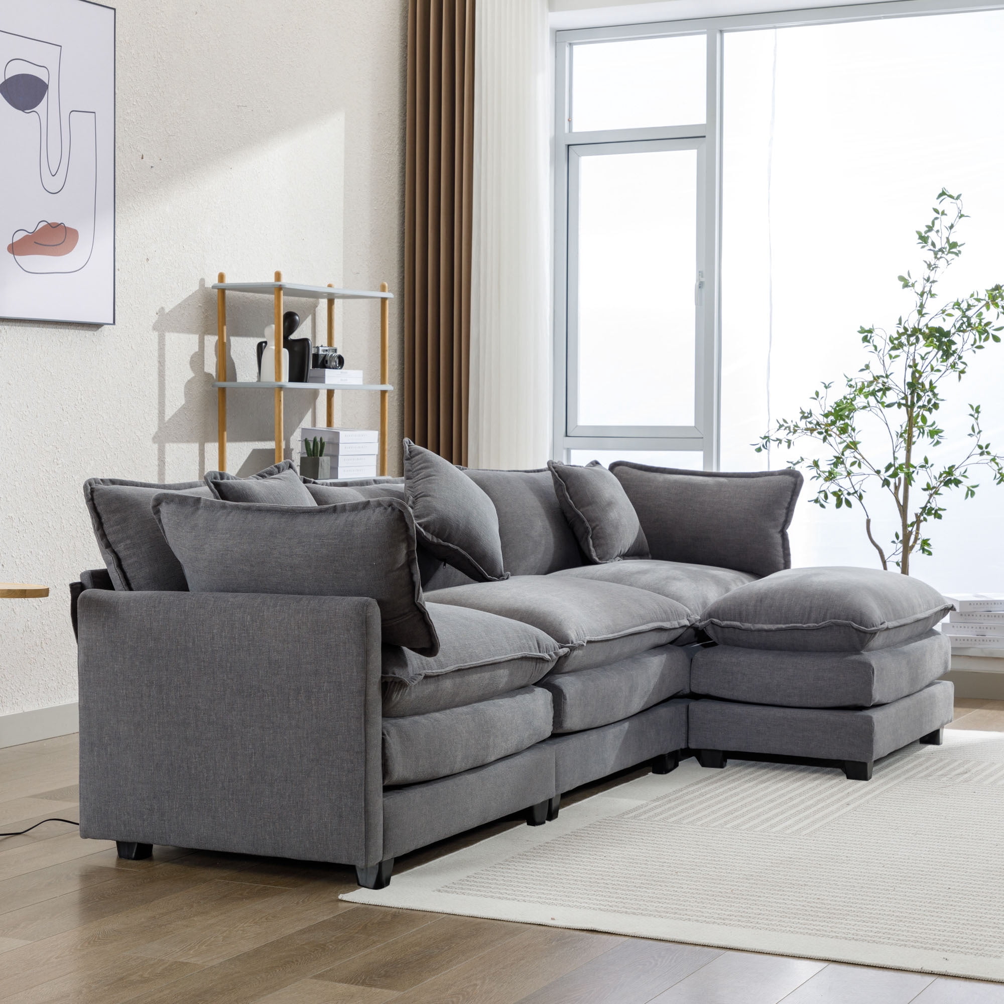 EUROCO 112.2" Modern L-Shape Sectional Sofa Couch, Chenille Upholstered Sofa with Ottoman and 5 Pillows, Indoor furniture for Living Room, Gray