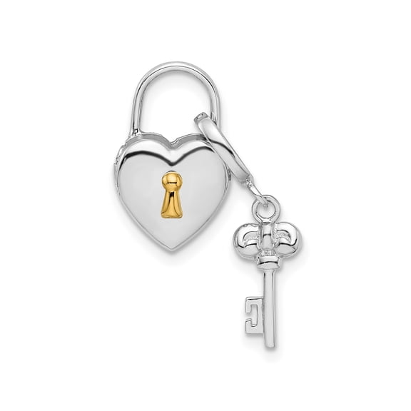 Sterling Silver Heart Lock and Key Pendant Charm for Women, Two-Tone with Gold Keyhole, Romantic Love Symbol, Compatible with Bracelets and Necklaces