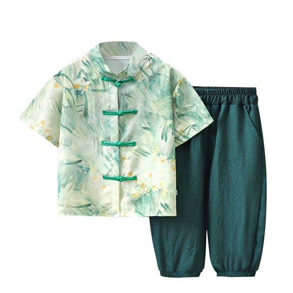Mercatoo Toddler Boys New Chinese Disc Buckle Tang Suit Child Short Sleeve Tops Pants Outfits Kids Summer Casual Clothes Set