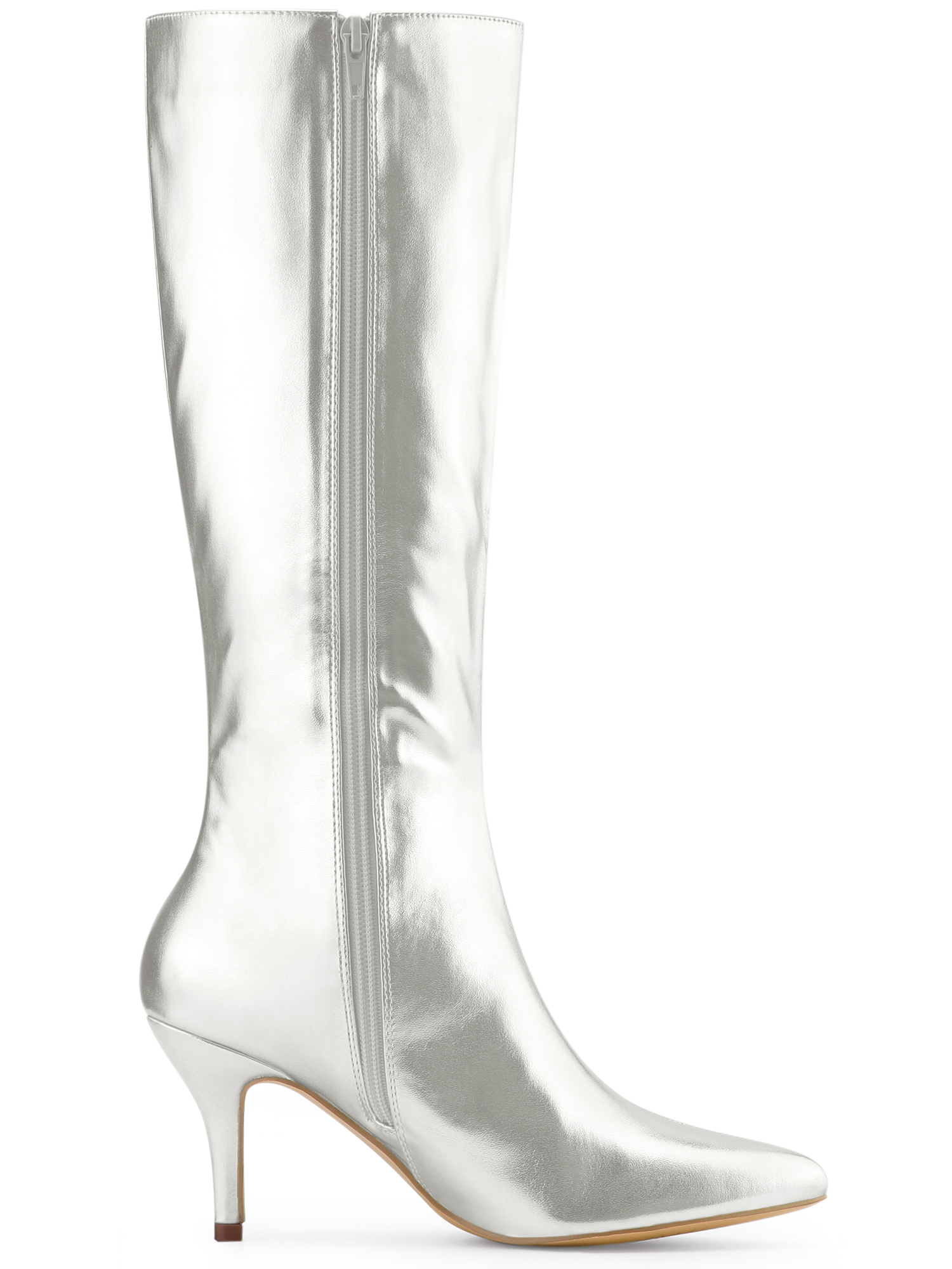 DARING DIVA Women's Pointed Toe Stiletto Heels Shiny Knee-high Boots Silver 9