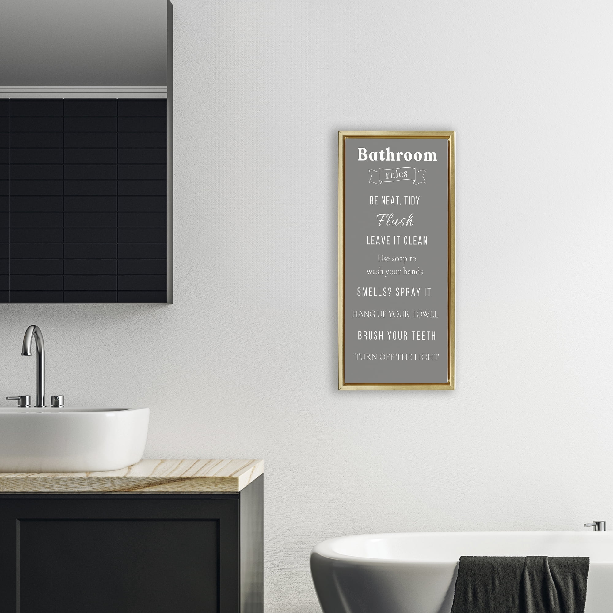 Stupell Industries Bathroom Rules Reminders Gold Framed Floater Canvas Wall Art, design by Julia Frost