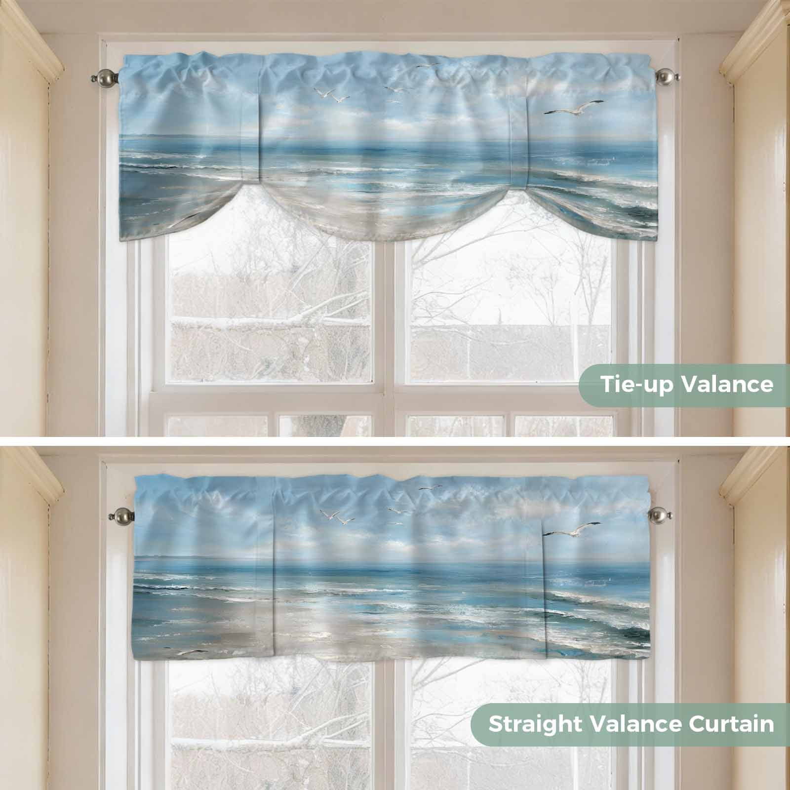 Ocean Tie Up Valances Curtain, Adjustable Kitchen Summer Beach Seagull Oil Painting Coastal Valances for Windows Decor, Rod Pocket Short Curtains Set for Bedroom/Bathroom, 60"x18"