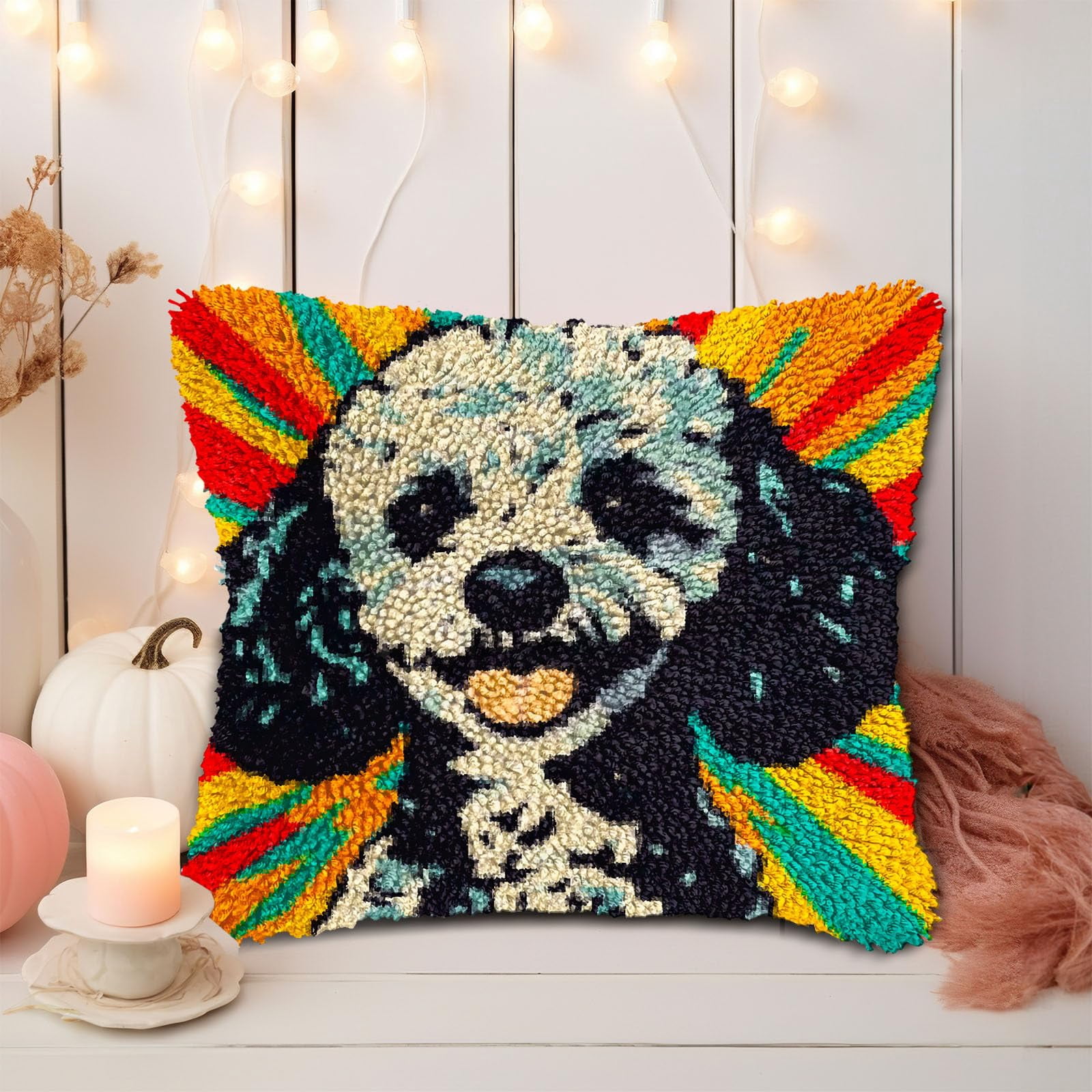 Cute Poodle Dog DIY Latch Hook Pillow Kits for Adults Printed Pillowcase Crochet Yarns Hooking Handmade Pillow Cover Cushion for Home Sofa Decoration 17x17inch