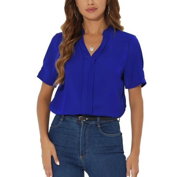 INSPIRE CHIC Women's Summer V Neck Short Sleeve Solid Color Office Blouse Top XS Royal Blue