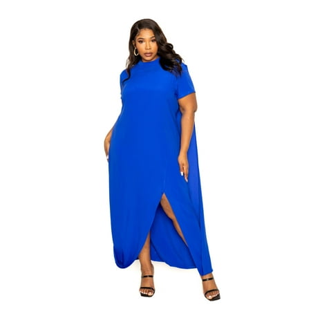 Mock neck back cape dress Royal 1XL