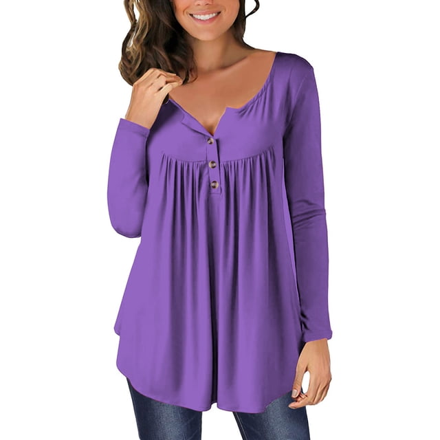 AherBiu Tuniques pour Femmes Manches Longues Bouton Col Rond Blouses Coupe Ample Chemises Fluides d'Automne