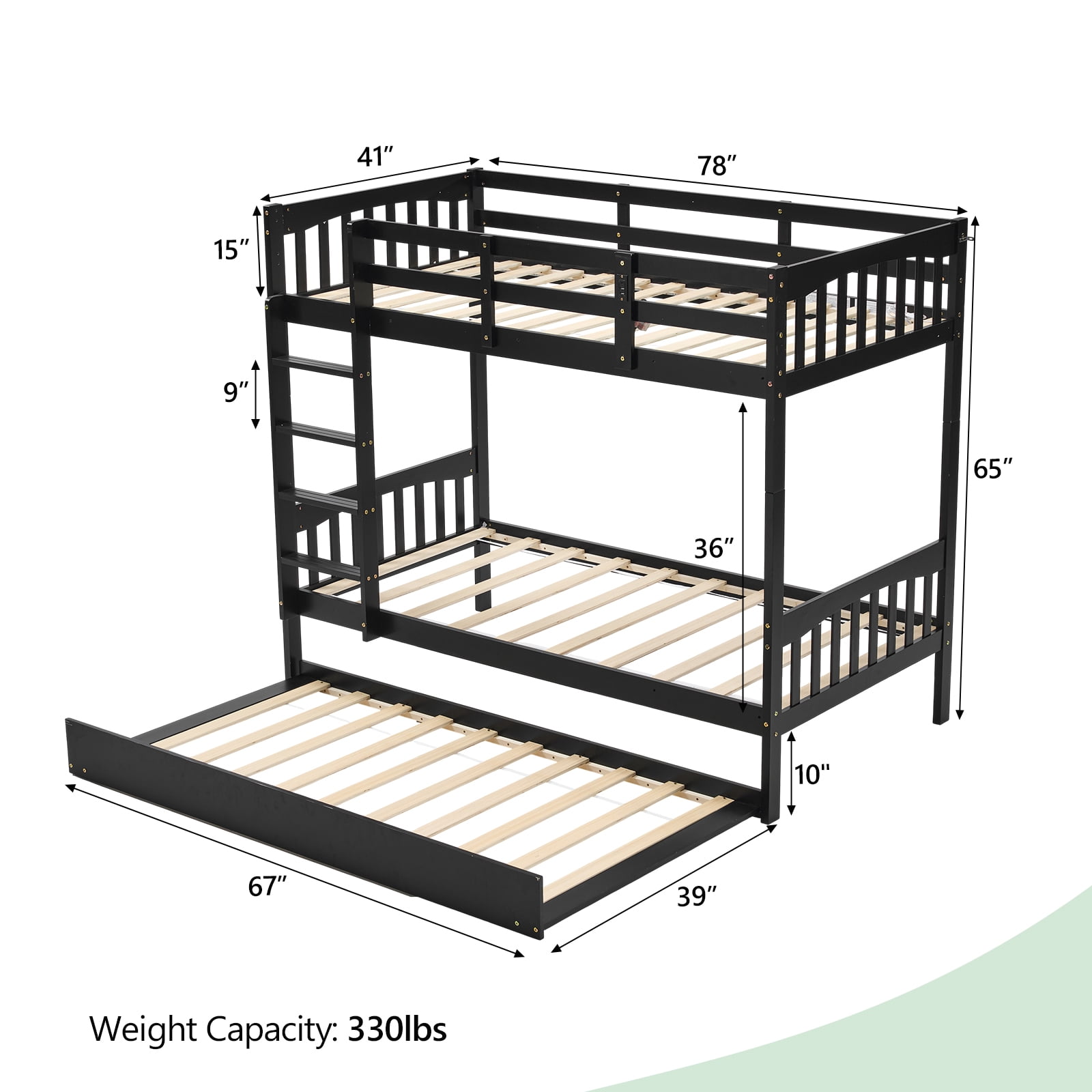 Ktaxon Solid Wood Twin-over-Twin Bunk Bed with Trundle, Bunk Bed Frame with Guardrails & Charging Station, Black
