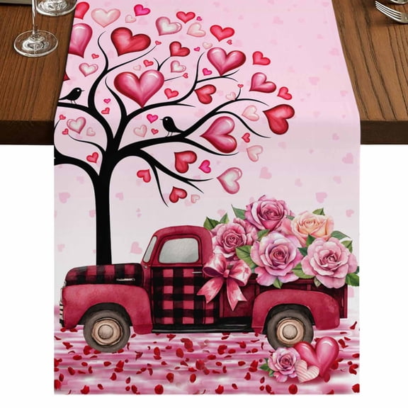 Table Runners 72 Inches Long Dress Scarves, Valentine's Day Farmhouse Kitchen Table Runner, Coffee Tablerunners, Romantic Love Tree Branch Truck Roses Ombre Pink 13x72 Inch