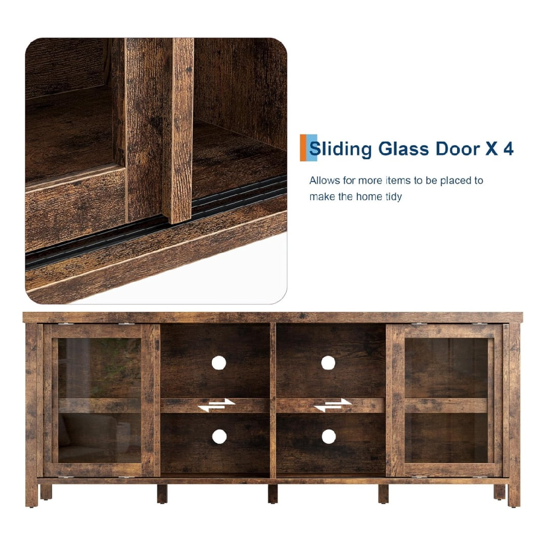 TV Stand for 65 Inch, Entertainment Center with Storage Cabinet and 4 Sliding Glass Doors, Mid Century Modern Media TV Console Table for Living Room Bedroom