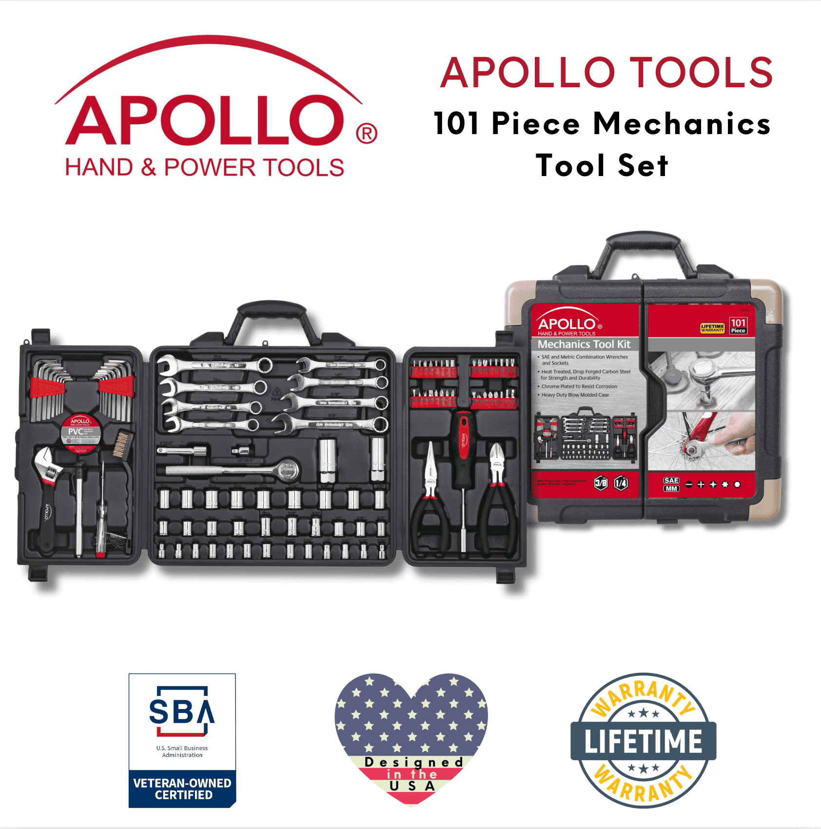 Apollo Tools 101 Piece Mechanic Tool Set for Vehicle and Home Maintenance, Roadside Emergencies. SAE and Metric Tool Set for Car, Boat, RV, Bikes - DT0006