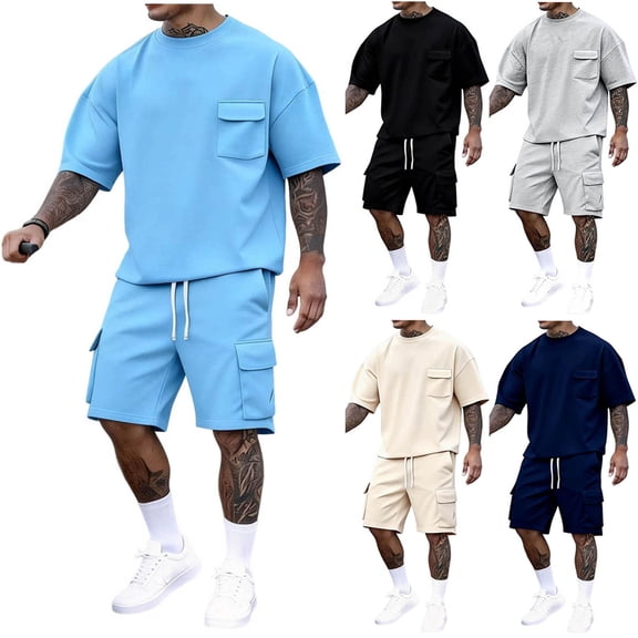 Bovxnpu Men's Clothing Set 2 Piece Outfits Tracksuit Men Short Sleeve Crew Neck Top Multi Pocket Elastic Waist Shorts Set