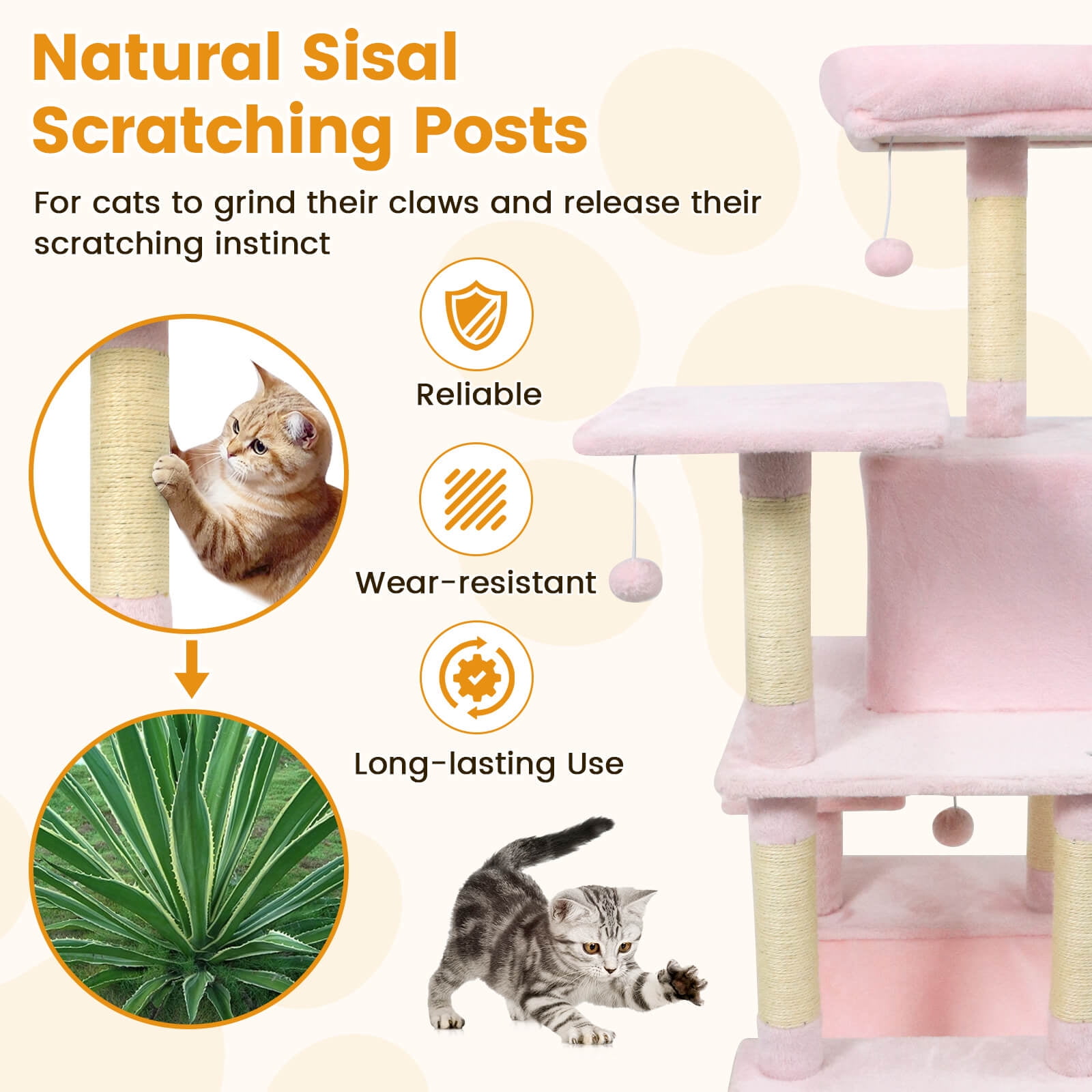 Costway 58” Tall Multi-level Cat Tree with Upholstered Perch & Cat Condo, Comfy Hammock Pink
