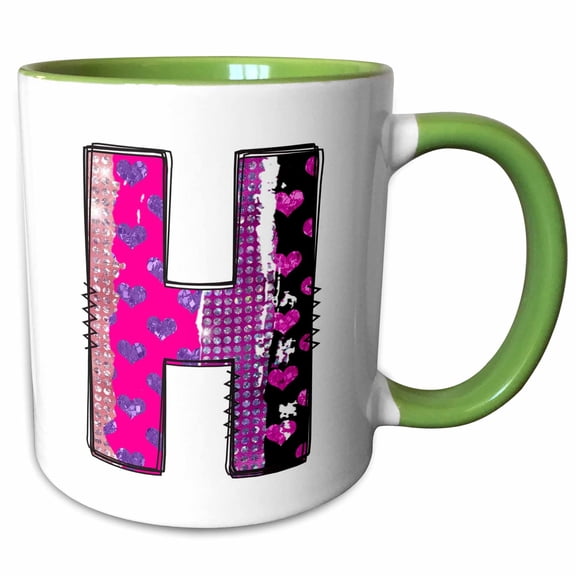 3drose, Pink and Purple Hearts and Dots Grunge Monogram Initial H, 11oz Two-tone Green Mug