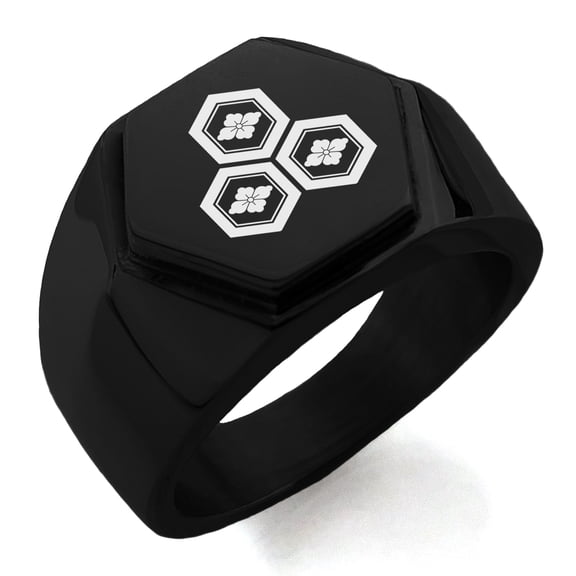 Stainless Steel Asai Samurai Crest Engraved Hexagon Crest Flat Top Biker Style Polished Ring