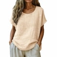 thumbnail image 2 of Craaazy Women Casual Loose Fit Blouse, Solid Color Short Sleeve Cotton Linen Tops, Comfy Round Neck Tunic for Daily Wear Gifts, 2 of 6