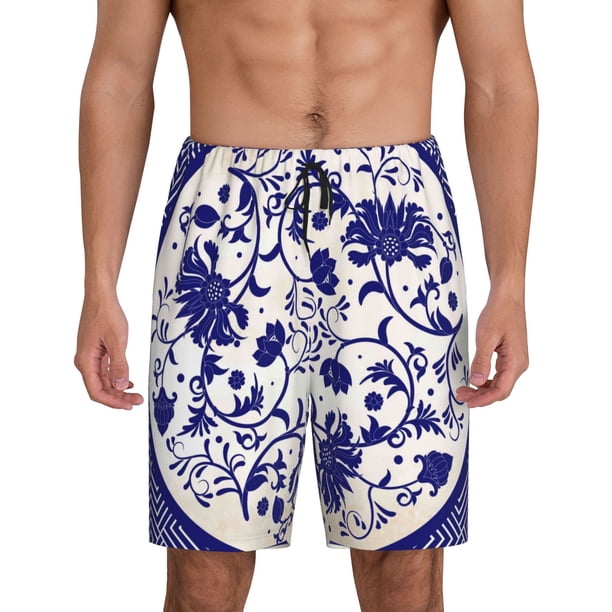 Balery Blue And White Porcelain Pattern Pantalones cortos de pijama de punto de algodón para hombre con cinturilla y bolsillos-Small