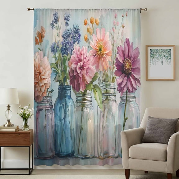 Spring Flowers Sheer Curtains 84 Inches Long, Farmhouse Watercolor Floral Leaves Light Filering Curtains, Breathable Simi Curtain Privacy Drapes for Living Room Bedroom Lightweight Window Treatment