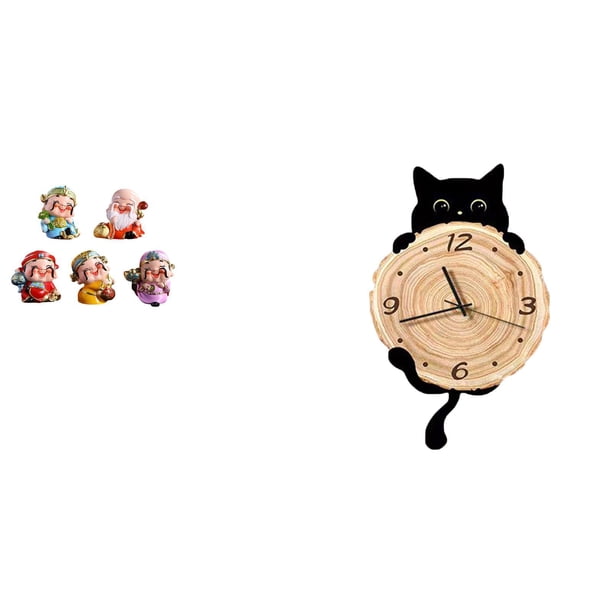 Figura de escritorio,Figura de dibujos animados del dios de la fortuna,regalo de Feng Shui,Reloj de pared,Reloj de pared decorativo para baño y dormitorio.,Reloj de pared de gato silencioso y