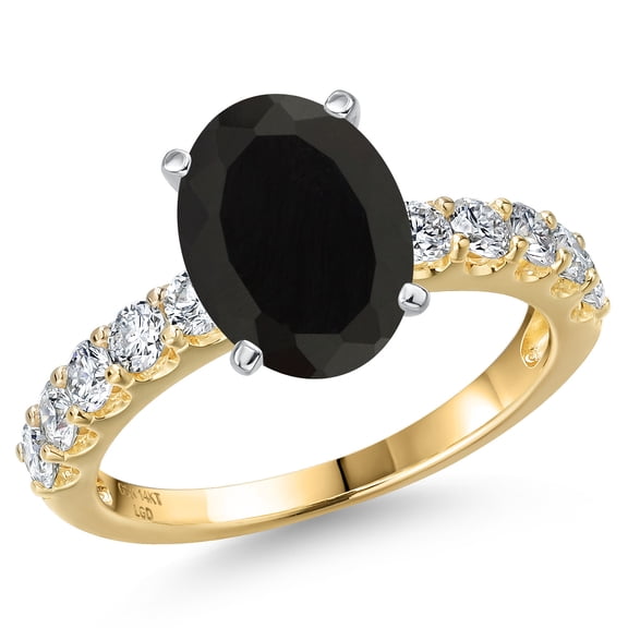Gem Stone King 14K Two Tone Gold Black Onyx and Lab Grown Diamond Engagement Ring for Women | 3.65 Cttw | Oval 11X9MM | Gemstone December Birthstone | Size 7