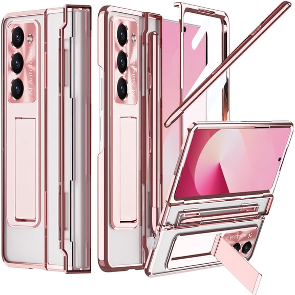 for Samsung Galaxy Z Fold 7 Case with S Pen Holder & Stylus, Screen Protector Hinge Cover for Z Fold 7 Case with Kickstand, Electroplated PC Transparent Cover for Galaxy Z Fold7 Phone,Rosegold