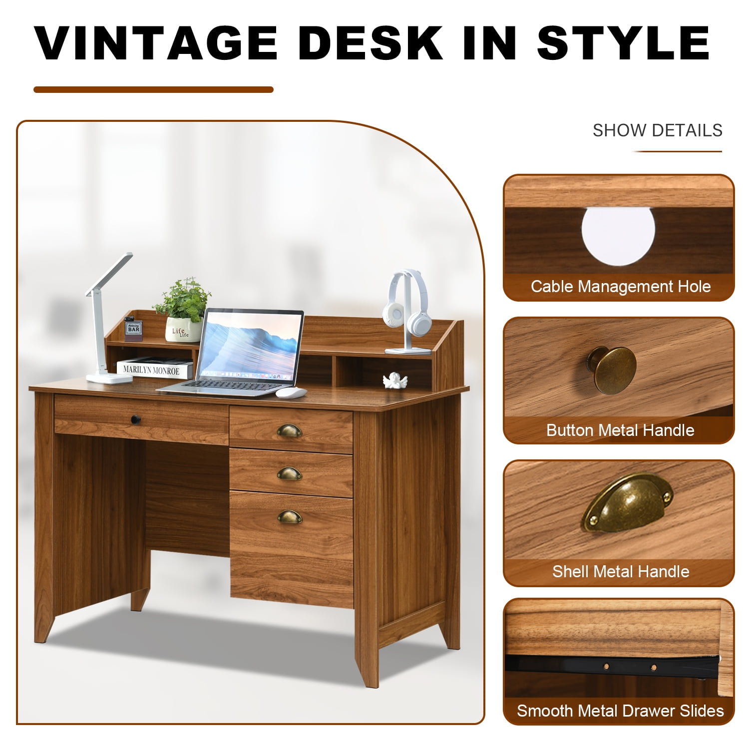 Catrimown Computer Desk, 47.5 in Wood Home Office Desk with Hutch and 4 Drawers, Monitor Stand, Rustic Brown