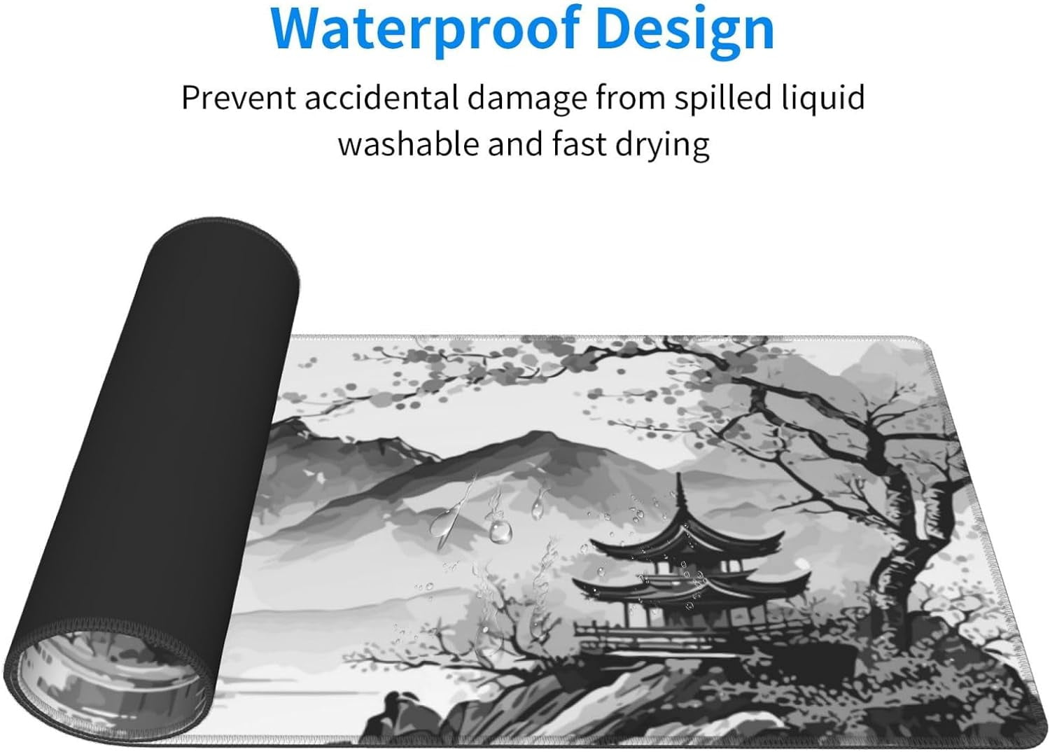 Japanese Cherry Blossom Gaming Mouse Pad XL 31.5×11.8 Inch Black White Watercolor Floral Mountain Extended Mousepad 30X80cm Non-Slip Rubber Base Stitched Edge Large Desk Pad for Gamer Office Home
