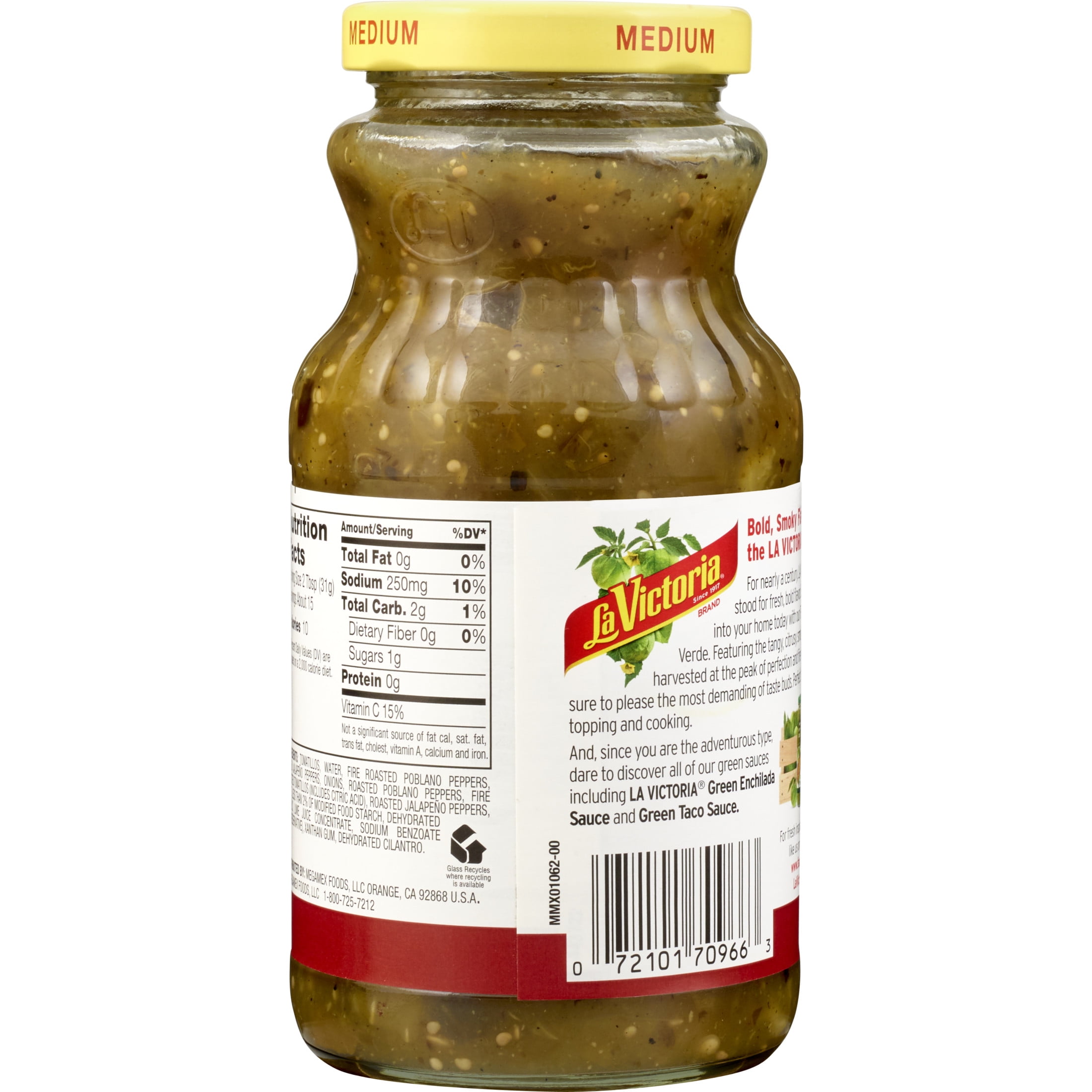 LA VICTORIA Fire Roasted Salsa Verde Medium, Regular, 16 oz Glass Jar