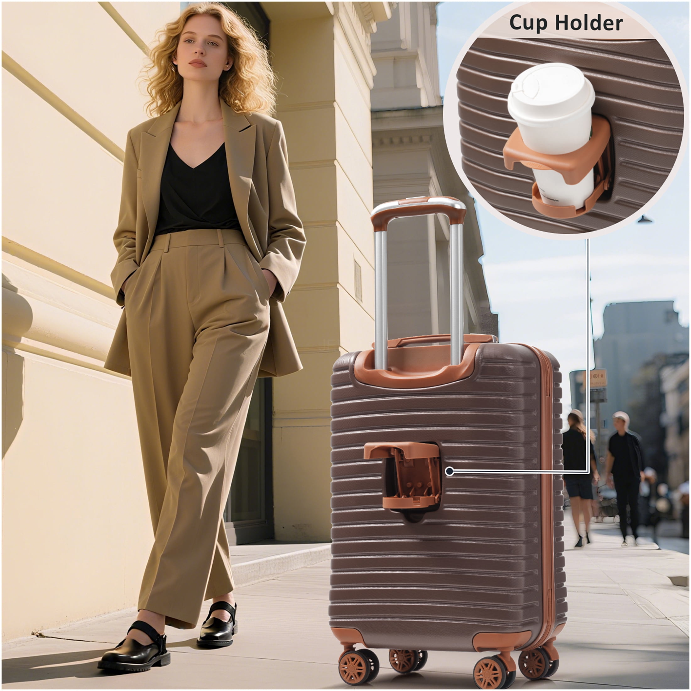 JERFIT 3-Piece Hardshell ABS Suitcase Set with TSA Lock, 360° Spinner Wheels, Lightweight Check-In & Carry-On Luggage for Men and Women, Brown