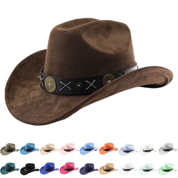 Western Cowboy Hat for Men Women, Classic Drawstring Cowgirl Hats Cattleman Suede Cowboys Hats with Horse Bolo Tie