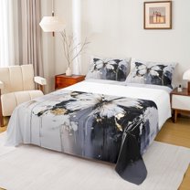 Manfei Teens Vintage Butterfly Full Size Sheets, Romantic Artwork Bed Sheets, Black Grey Oil Printing Sheet Sets, Breathable Home Decor, 4-Piece