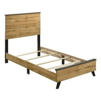 Wemy Twin Size Bed- Tall Panel Headboard- Natural Brown Pine Finish