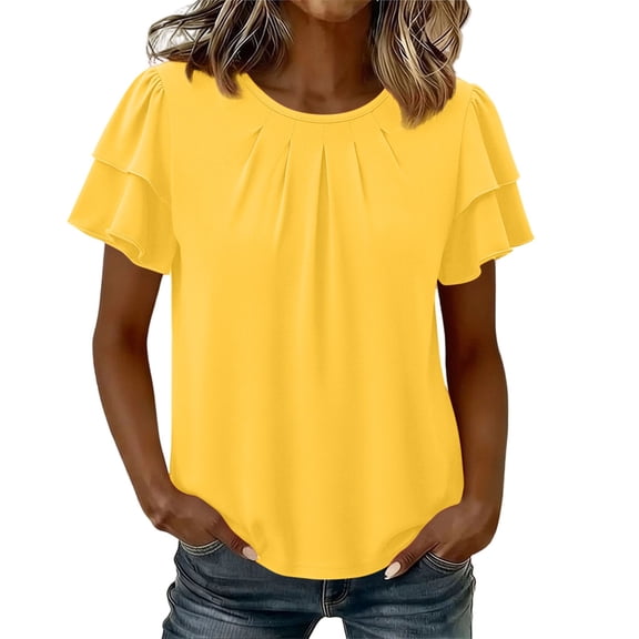 GigrtiJin Womens Short Sleeve T Shirts Pleated Baggy Basic T Shirts Casual Outdoor Pull On Round Neck Cropped Tees for Womens