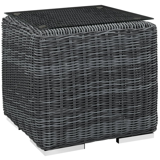 Modern Contemporary Outdoor Patio Side Table, Grey, Fabric, Synthetic Rattan