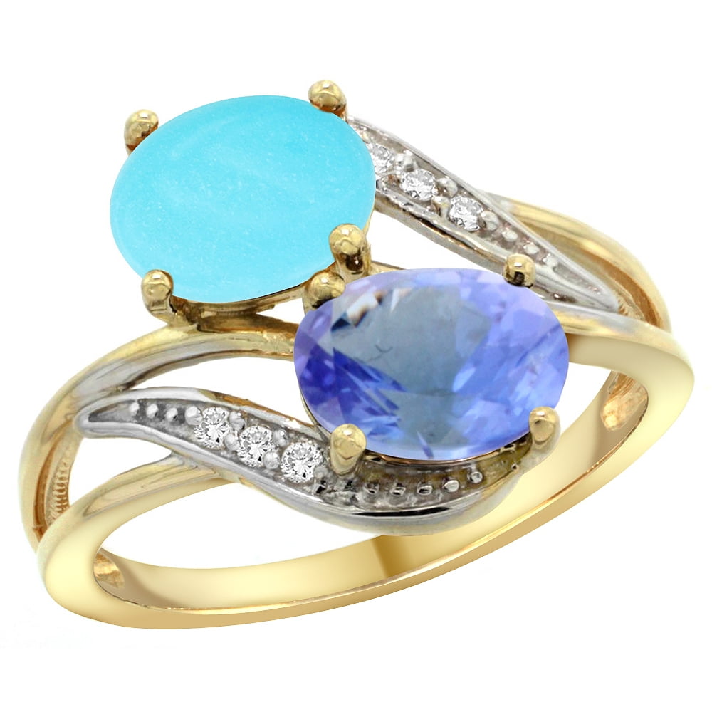 14K Yellow Gold Diamond Natural Turquoise & Tanzanite 2-stone Ring Oval 8x6mm, size 5.5 by Gabriella Gold