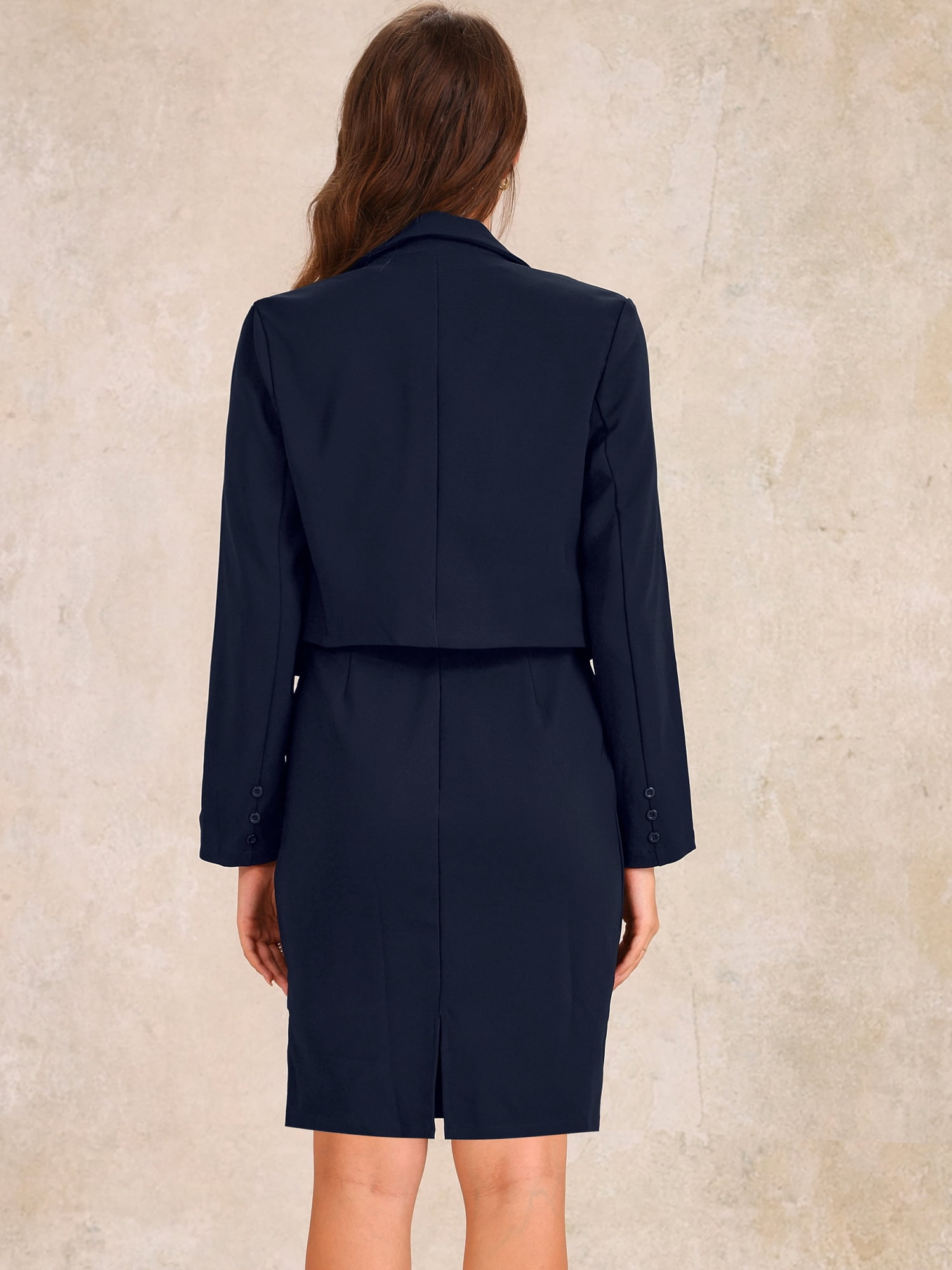 DARING DIVA 2Pcs Women's Long Sleeve Blazer Sleeveless Dress Suit Set L Navy Blue