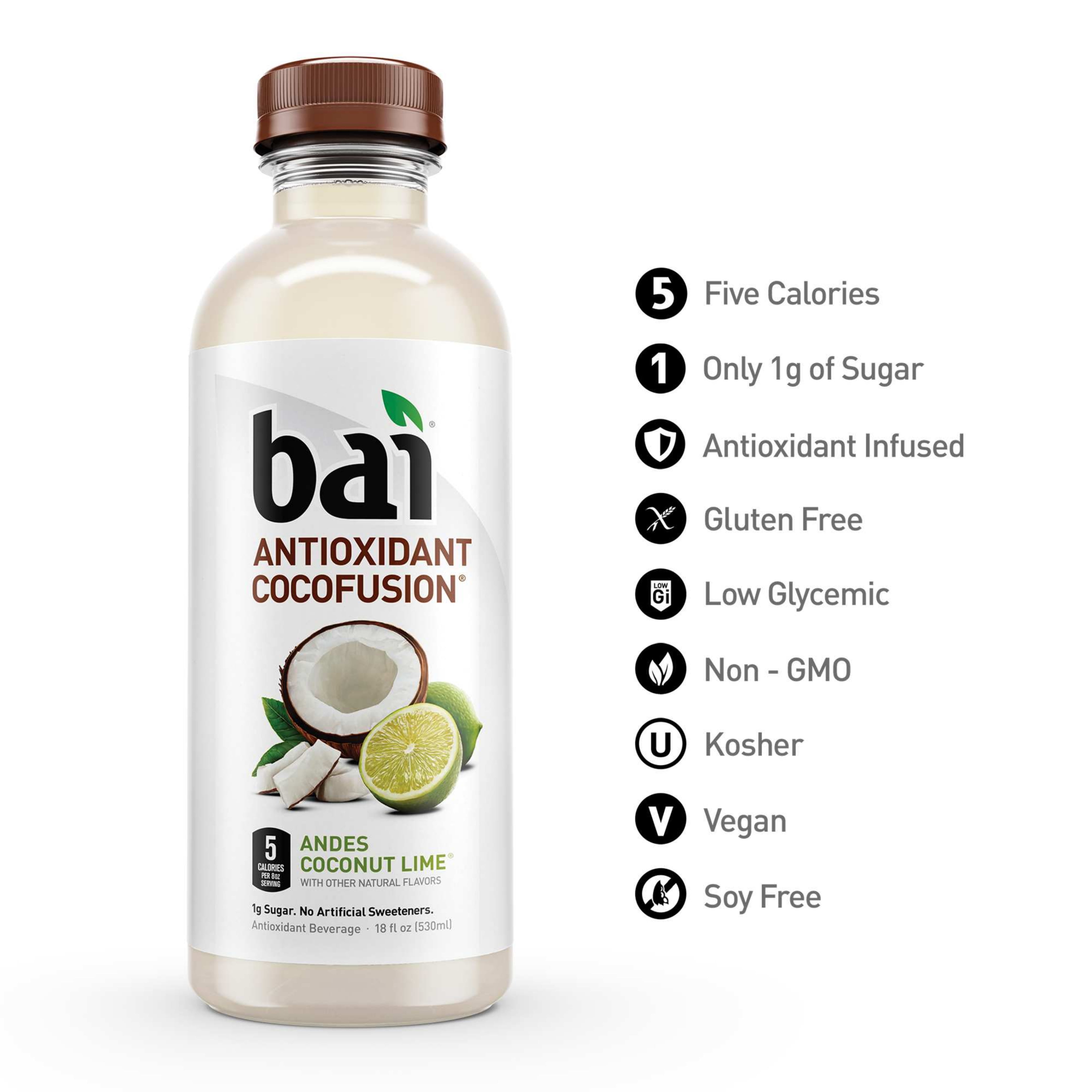 Bai Gluten-Free, Andes Coconut Lime, Antioxidant Infused Drink, 18 Fl Oz, 12 Pack Bottles