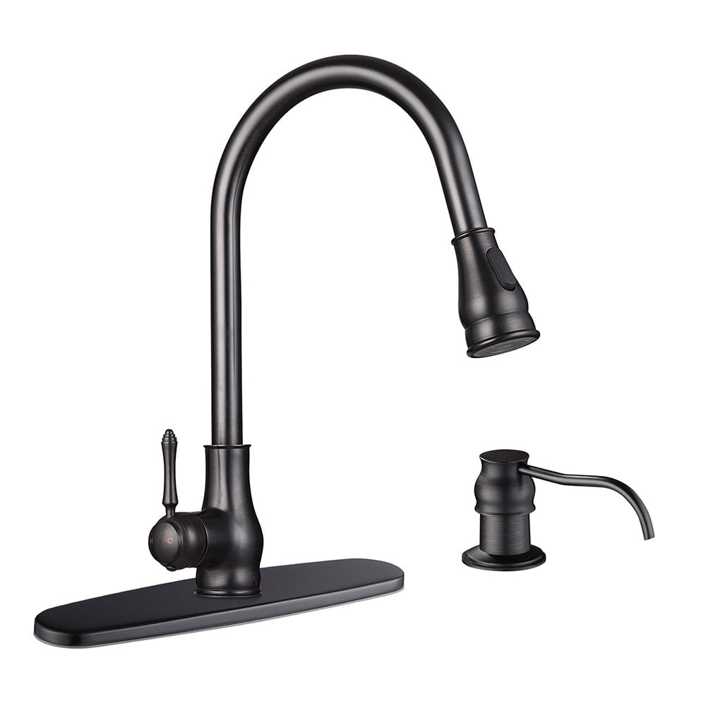 Aquaterior Single Handle Kitchen Faucet 360° Swivel Pull-down Sprayer w/ Soap Dispenser Brushed ...