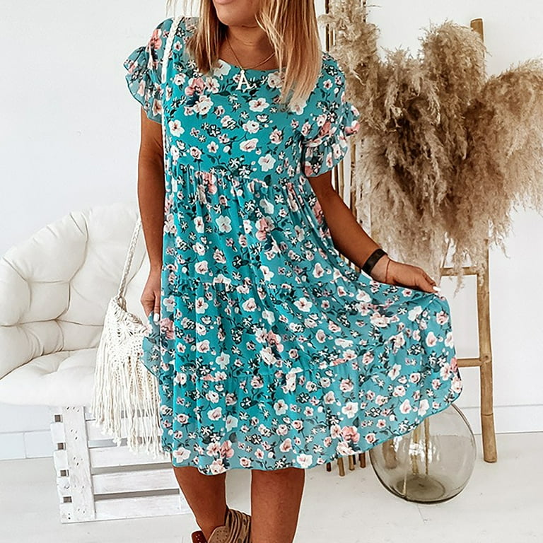 Round neck ruffled sleeves floral sale dress