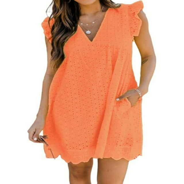 Femmes Casual Robe Été V Cou Mouche Manches Dentelle Jacquard Couleur Unie Robes Amples avec Short Doublé