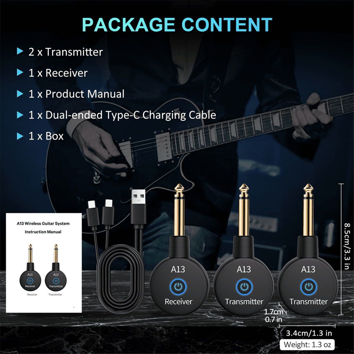 2-in-1 2.4GHz Wireless Guitar System 48KHz Audio Wireless Guitar Transmitter Receiver Electric Guitar Bass Amplifier,1 * Receiver 2 * Transmitter 1 * Data cable,Black