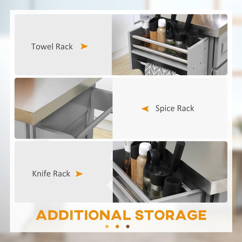 GVN Rolling Kitchen Table with Wheels, Kitchen Island with Stainless Steel Top, Adjustable Shelves, 2 Drawers, Spice, Knife and Towel Rack, Gray