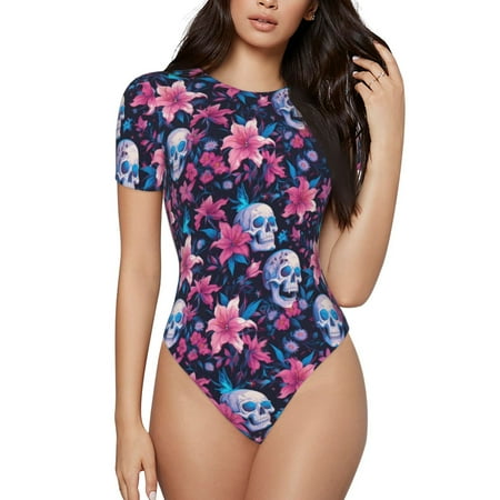 Gaeub funny Skull daisy flower Print Women s Short Sleeve One Piece Swimsuit Sexy High-Waisted Bodysuit Bathing Suit for Swimming  Beach  Sports-X-Large