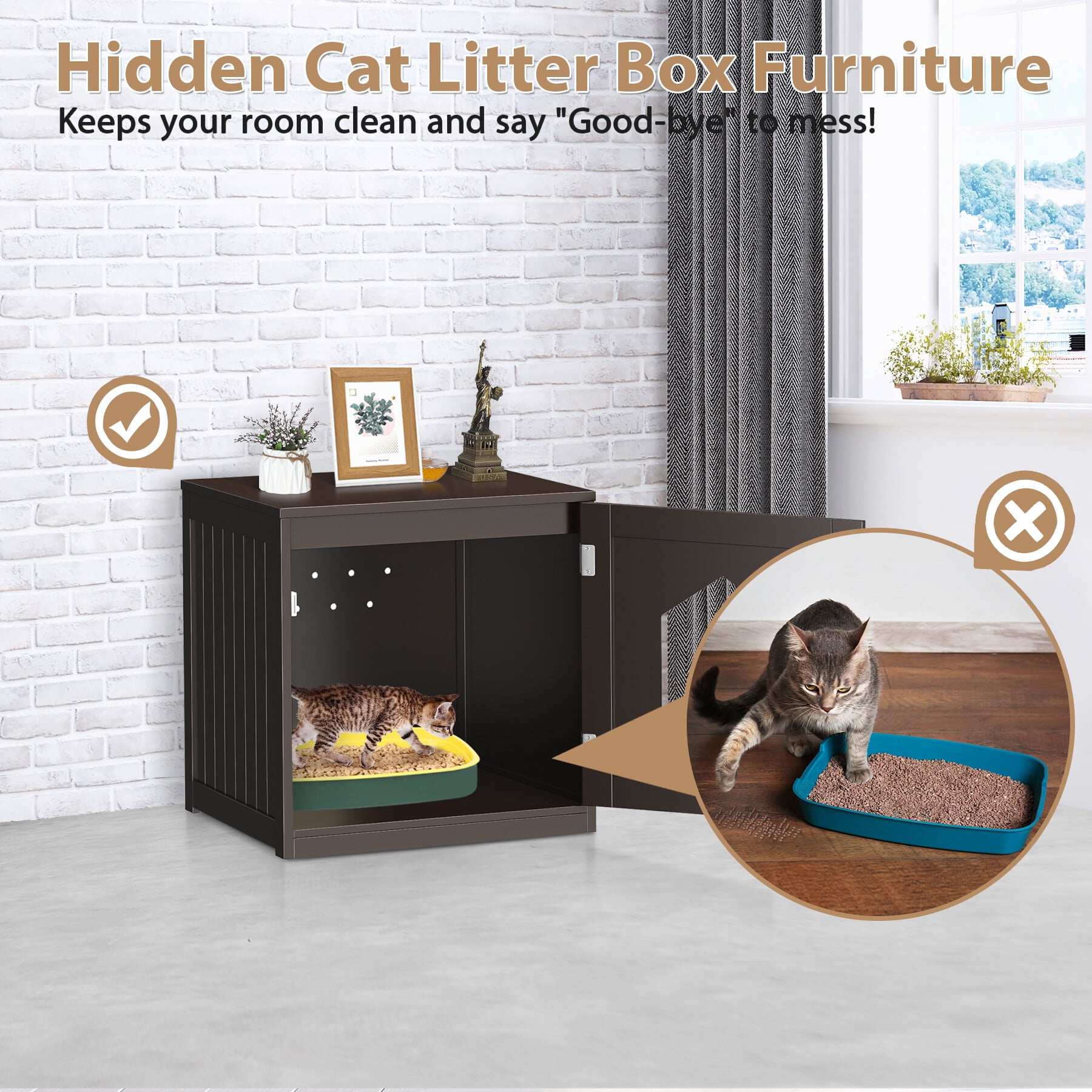 HomGarden 20'' Brown Cat Washroom Pet House Hidden Litter Box Enclosure & MDF Side Table
