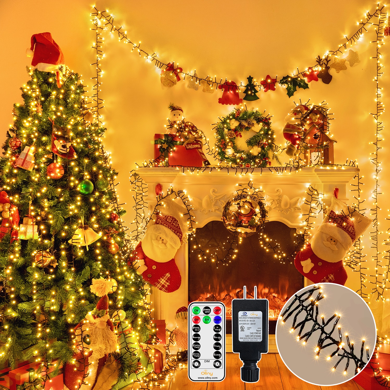 Ollny 20ft 400 LED Cluster Lights, 8 Lighting Modes with Remote Control Waterproof Indoor Outdoor Christmas Cluster Lights for Decorations