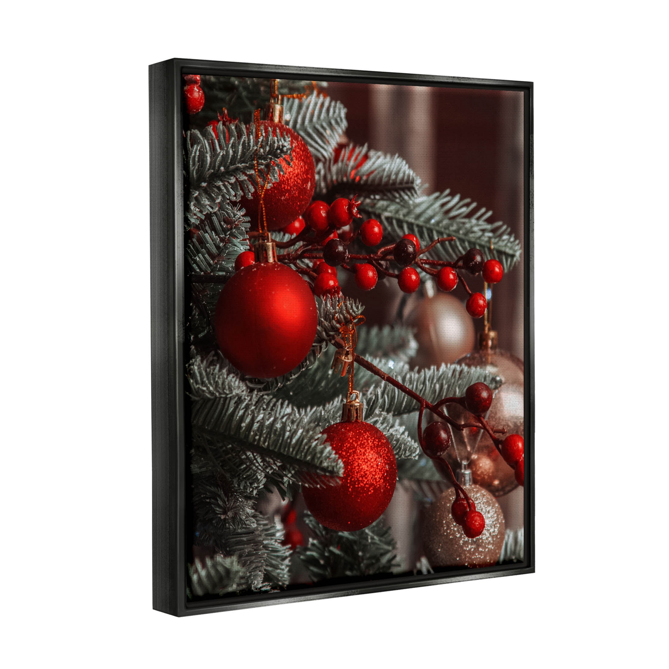 Hanging Red Ornaments Christmas Tree Holiday Photograph Jet Black Framed Art Print Wall Art