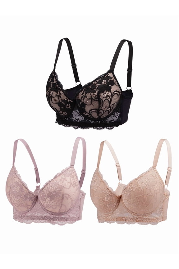 Women's Push-Up Lace Bra 3-Pack, No-Slip Adjustable Straps, Smooth Padded Cups, Dual U-Wire Lift Bra for Everyday, Multipack