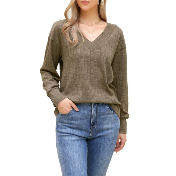 INSPIRAR CHIC Blusa de Mujer de Manga Larga con Cuello en V Ligera para Primavera y Otoño, Tops Casual M Marrón