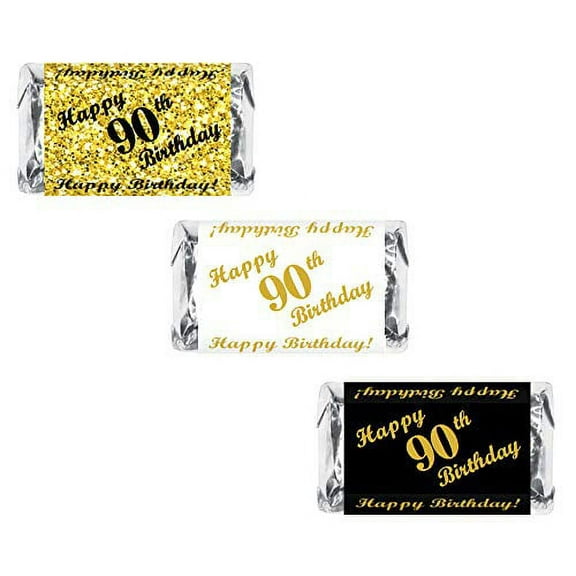 90th Birthday Miniatures Candy Bar Wrapper, (Set of 60) Mini Candy Bar Stickers; 3 Designs: 24 Gold, 24 Black, 12 White, Candy Not Included