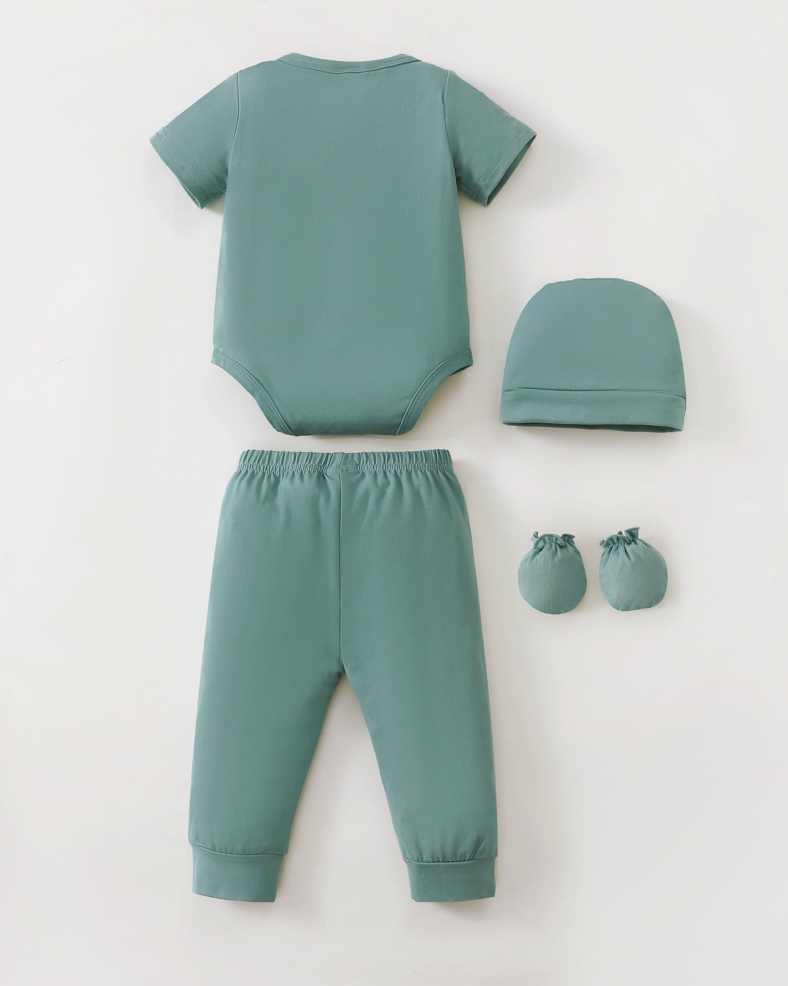 KIMI BEAR Newborn Baby Boys Layette Essentials 9-12 Months Romper Pants Gift Sets 4 Packs Short Sleeves Bodysuit Tops Pants Set with Hats and Gloves 16pcs Outfits Green