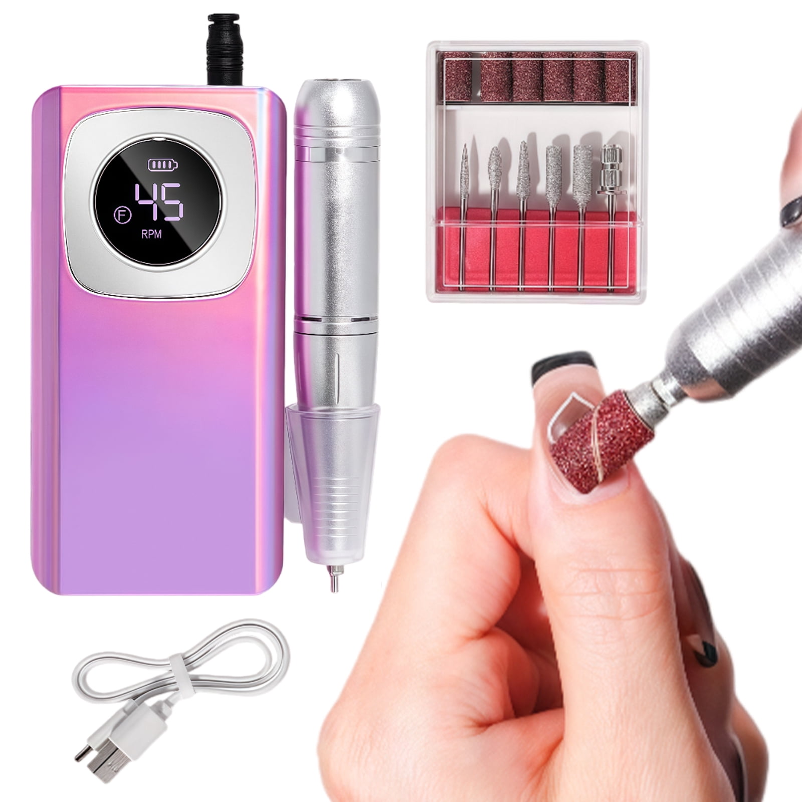 golytefs Electric Nail Drill 45000RPM Rechargeable Cordless E-file with Bits Kit Portable Nail File for Acrylic Gel Polishing Removing (Purple)